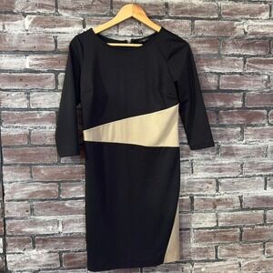 Ann Taylor Factory Petite Dress 2P Black Tan Colorblock Sheath